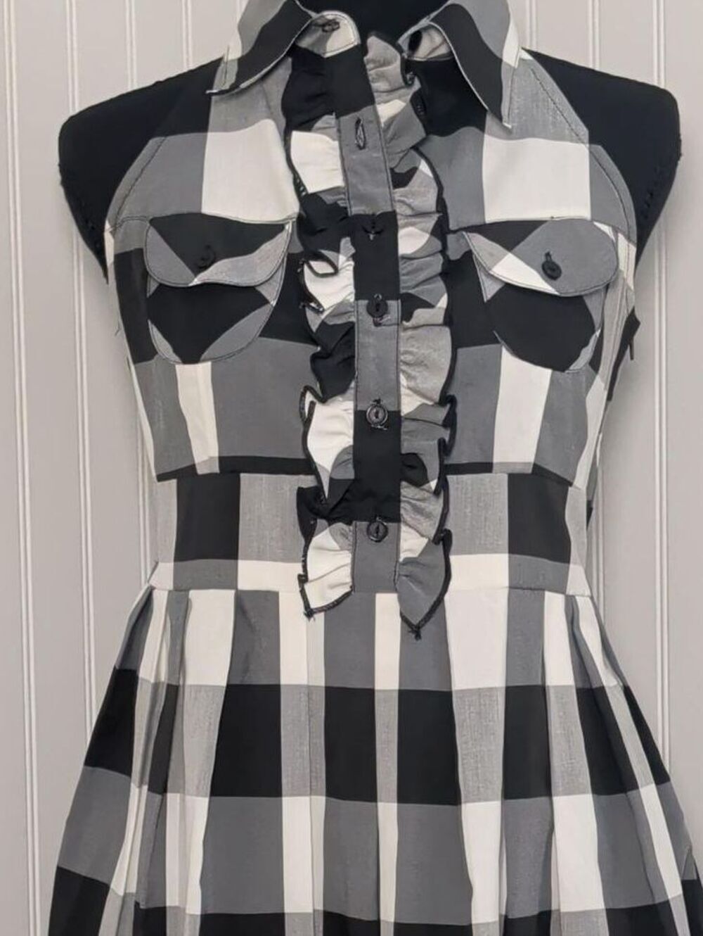 Poetry Gingham Halter Dress Black and White with Ruffle Front Tie Back Small